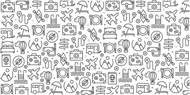 vektor-reihe von design-vorlagen und elemente für reise und urlaub in trendigen linearen stil - musterdesigns mit linearen symbole im zusammenhang mit reisen und urlaub - vektor - travel stock-grafiken, -clipart, -cartoons un