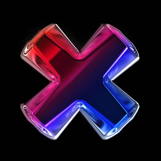 vibrant abstract 3d cross shape blue red glowing abstract on black background. metallic letter x - fashion stock pictures, royalty-free photos & images