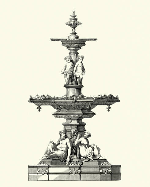 victorian cast iron fountain, mid 19th century - garden decoration stock illustrations