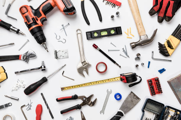 view from above tools on white background - knolling - home decoration stock pictures, royalty-free photos & images