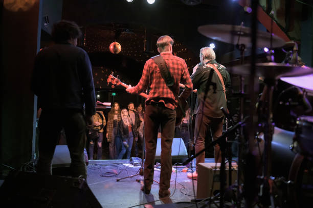 view of audience watching band from the back of the stage - concert stock pictures, royalty-free photos & images