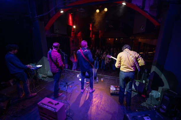view of band performing to audience from back of stage - concert stock pictures, royalty-free photos & images