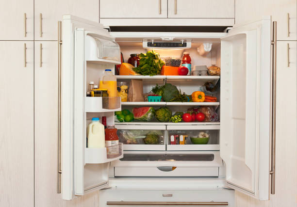 view of inside of refrigerator with healthy food - food stock pictures, royalty-free photos & images