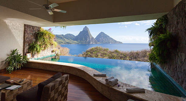 view of st. lucian twin pitons from jade mountain - travel stock pictures, royalty-free photos & images