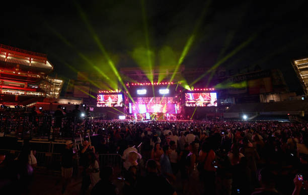 View of the crowd during the Hip Hop 50 Live concert, marking the 50th anniversary of the birth of hip hop, at Yankee Stadium in the Bronx borough of...