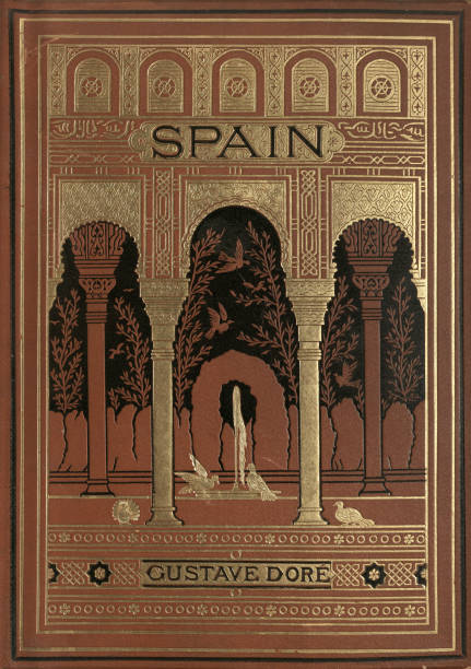 vintage book cover illustration for spain by gustave dore, moorish architecture, arches, garden - garden decoration stock illustrations