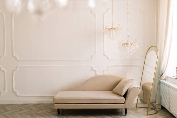 vintage living room interior with sofa and electric lamp at home - home decoration stock pictures, royalty-free photos & images