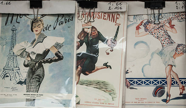 vintage posters and advertisements for sale at traditional bookstall, paris - fashion stock pictures, royalty-free photos & images