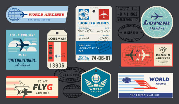 vintage travel luggage tags labels and passport stamps - travel stock illustrations