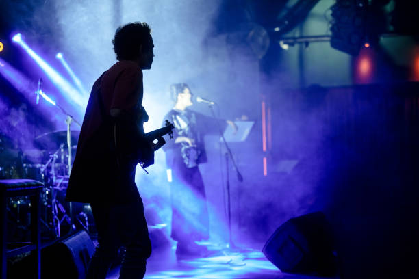 vocal singer performing on stage with colorful stage lights. - concert stock pictures, royalty-free photos & images