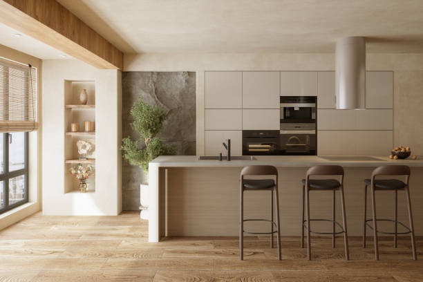 wabi sabi style kitchen with cabinets, kitchen island, potted plant and parquet floor - home decoration stock pictures, royalty-free photos & images