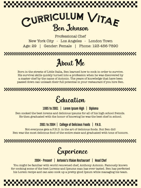 waiter and chef / cook job resume or old curriculum vitae template in clean vintage restaurant style - junk food stock illustrations