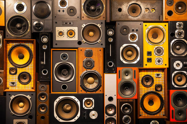 wall of retro vintage style music sound speakers - home decoration stock pictures, royalty-free photos & images