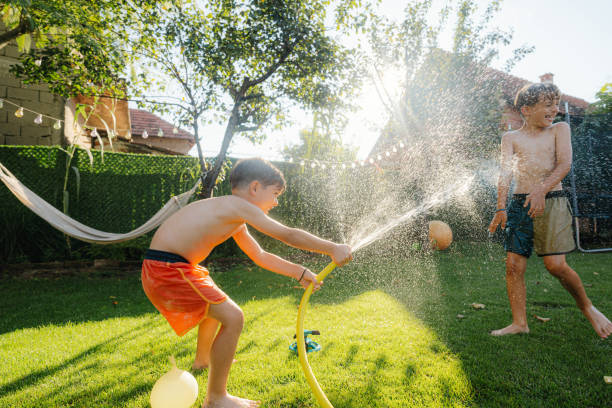 water fight in our yard - garden decoration stock pictures, royalty-free photos & images