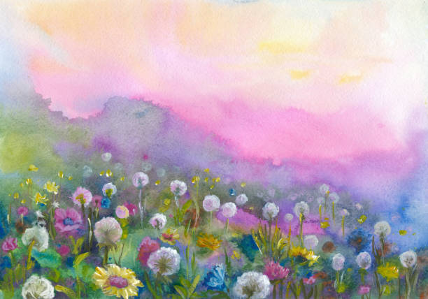 watercolor blooming valley - garden decoration stock illustrations