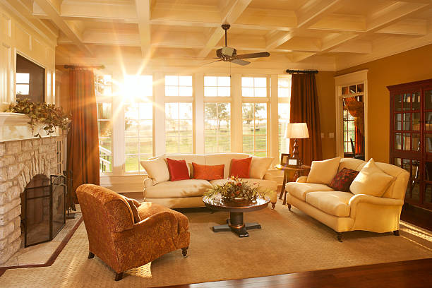 well-appointed traditional living room with beamed ceiling - home decoration stock pictures, royalty-free photos & images