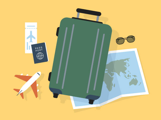 weltreiseillustration mit gepäck - travel stock-grafiken, -clipart, -cartoons und -symbole