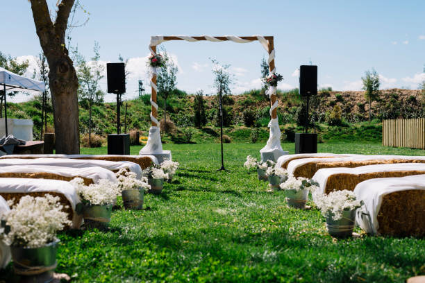 white arch for wedding outdoors - garden decoration stock pictures, royalty-free photos & images