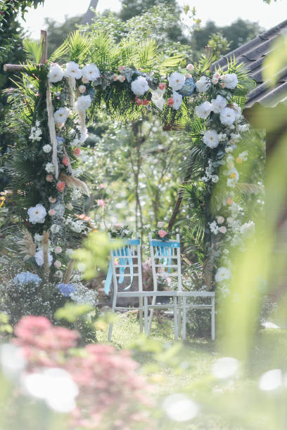 white chairs in wedding. - garden decoration stockfoto's en -beelden