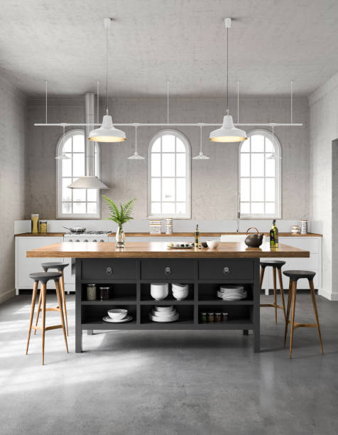 white industrial kitchen interior - home decoration stock pictures, royalty-free photos & images