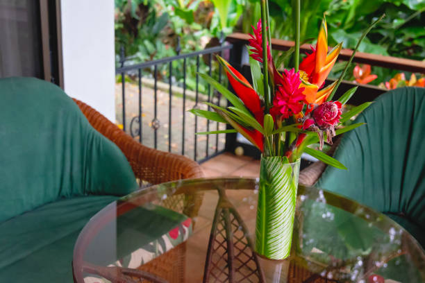 wicker garden set with tropical flowers on deck overlooking lush jungle - garden decoration stockfoto's en -beelden