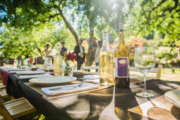 wine bottles on table at party outdoors - garden decoration photos et images de collection
