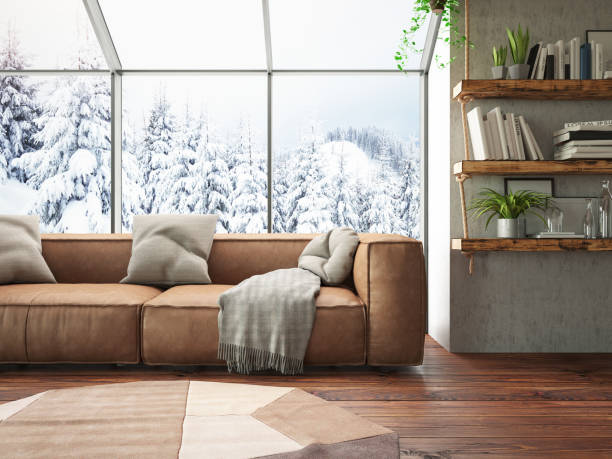 winter concept living room with snow view - home decoration stock pictures, royalty-free photos & images