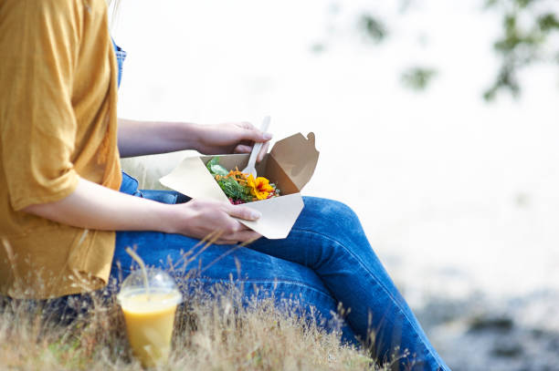 woman eating healthy food from plastic free lunch box in countryside, close up. - junk food stock pictures, royalty-free photos & images