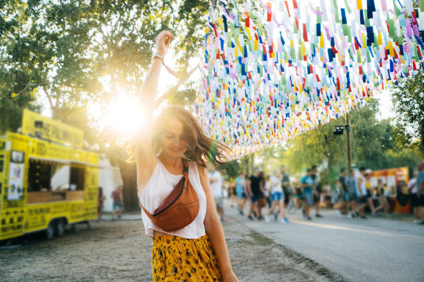 woman having fun on music festival in summer - concert stock pictures, royalty-free photos & images
