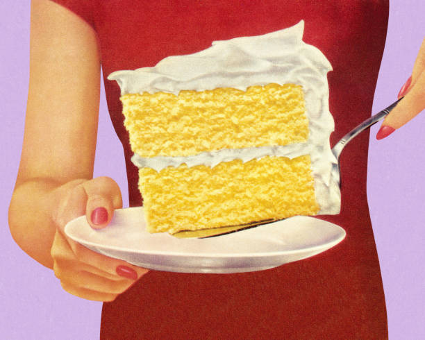 woman holding large piece of cake - food stock illustrations