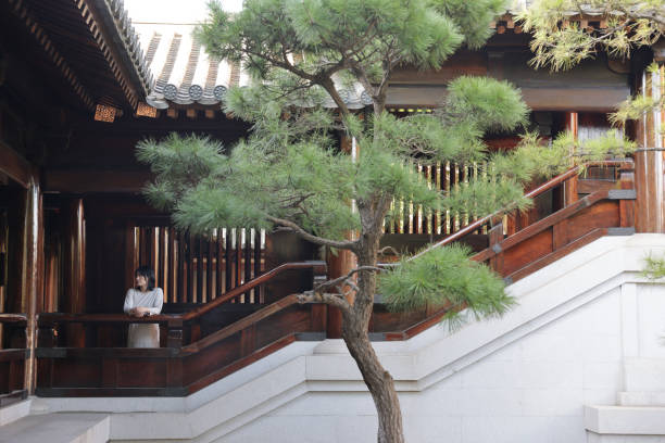woman in the traditional oriental temple - garden decoration stock pictures, royalty-free photos & images