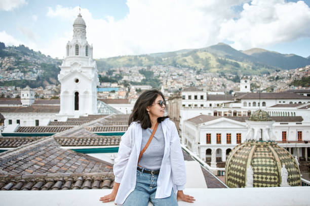 woman on roof of the cathedral of quito, ecuador - travel stock pictures, royalty-free photos & images