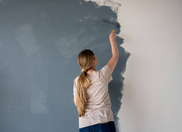 woman painting a wall of her new house with a blue or grey color - home decoration stock pictures, royalty-free photos & images