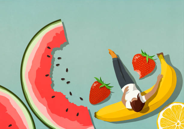 woman relaxing among fruit - food stock illustrations