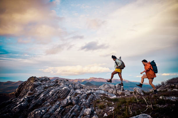 women hikers embracing the untamed beauty of tasmania through exhilarating bushwalking. - travel stock pictures, royalty-free photos & images