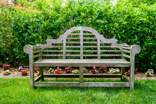 wood bench in garden - garden decoration stockfoto's en -beelden
