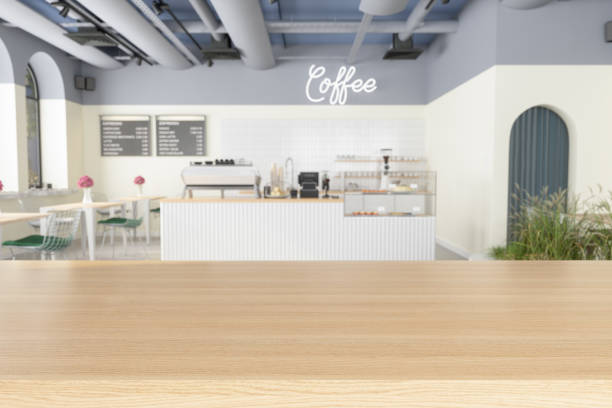 wood empty surface with empty coffee shop background - junk food stock pictures, royalty-free photos & images