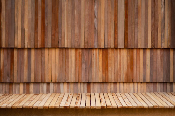 wooden shelves in a coffee shop blurred bokeh light background, display table, blank wooden counter for mockup, banner, template - garden decoration stock pictures, royalty-free photos & images