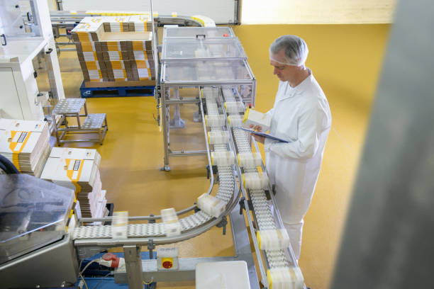 worker inspecting packed products on conveyor belt in biscuit factory - food stockfoto's en -beelden