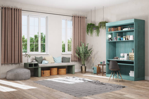 working at home concept with sewing machine and other sewing equipments on the table in the living room - home decoration stock pictures, royalty-free photos & images