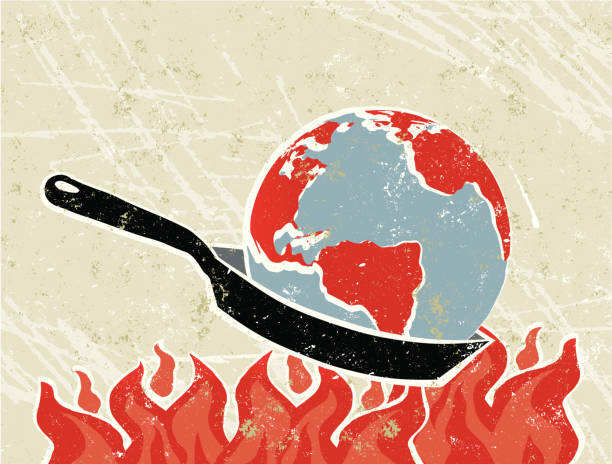 world globe in a frying pan with flames - food stock illustrations