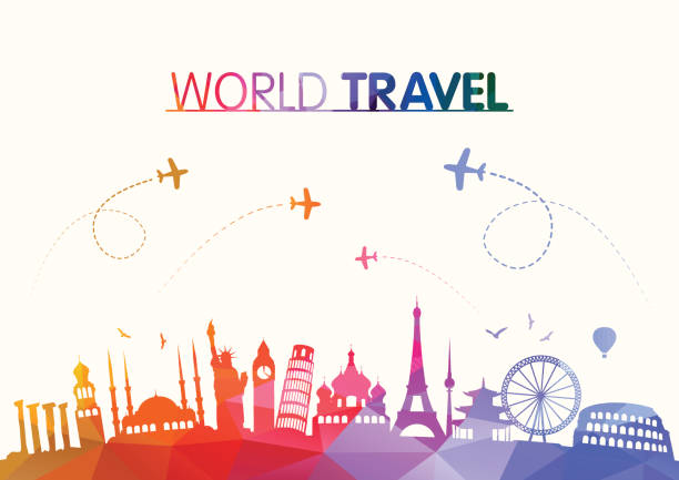 world travel and famous landmarks polygonal concept - travel stock illustrations