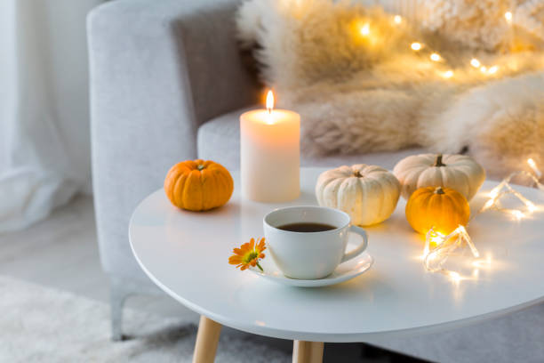yellow and white themed autumn interior decor - home decoration stock pictures, royalty-free photos & images