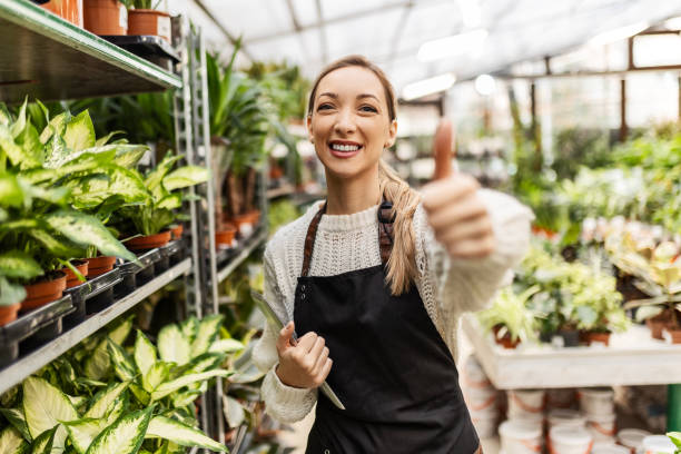 young florist working in greenhouse holding thumbs up - garden decoration stock pictures, royalty-free photos & images