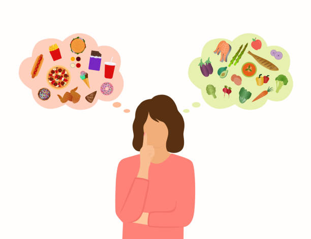 young woman choosing between healthy or unhealthy food - junk food stock illustrations