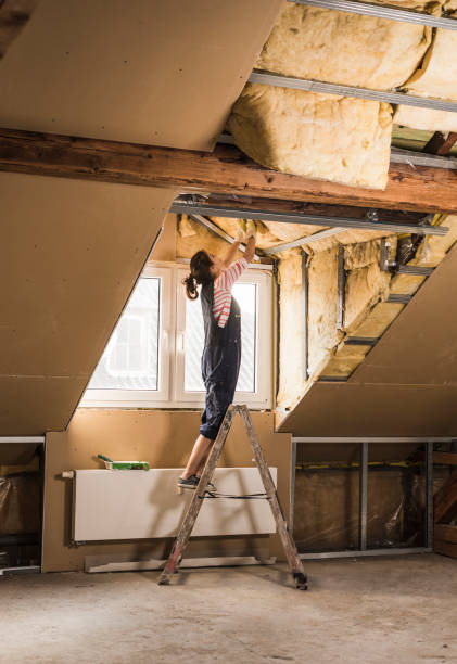 young woman mounting insulation in her new home - home decoration stock pictures, royalty-free photos & images