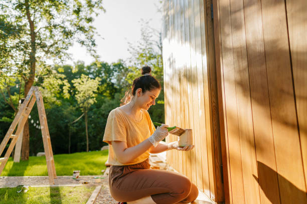 young woman painting an exterior wall of a wooden house - home decoration stock pictures, royalty-free photos & images