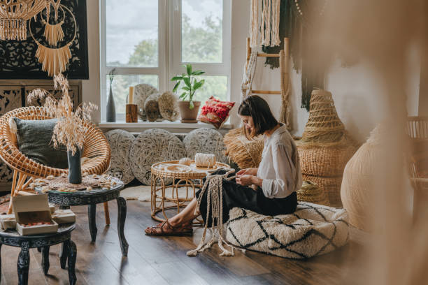 young woman weaving macrame at workshop - home decoration stock pictures, royalty-free photos & images