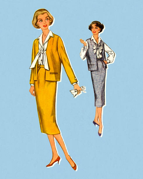 zwei frauen tragen anzüge - fashion stock-grafiken, -clipart, -cartoons und -symbole