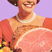 1950's housewife holding a ham dinner, smiling - food stock illustrations